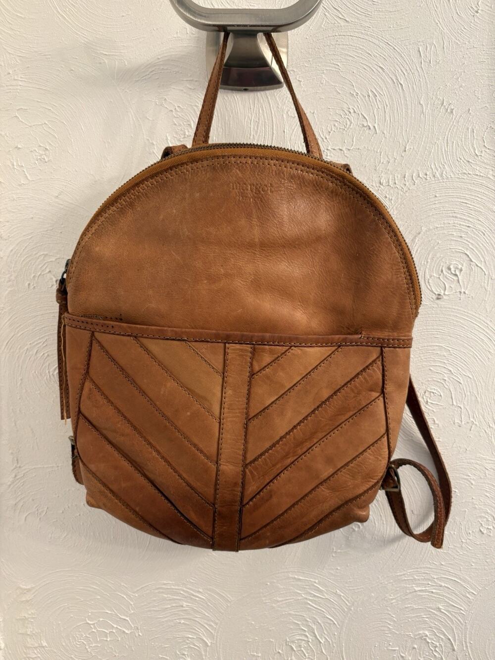 Margot New York Tan Leather Backpack Purse Chevron-Striped Front Pocket